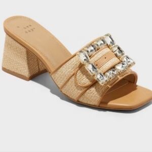 A New Day Beige Raffia Block Heels with Buckle